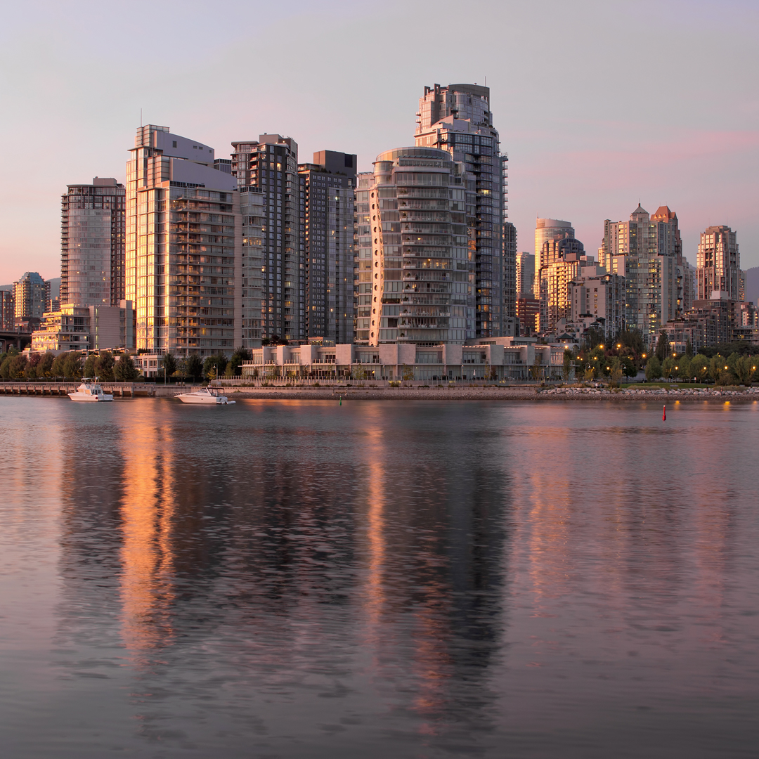 Vancouver waterfront condos at sunset