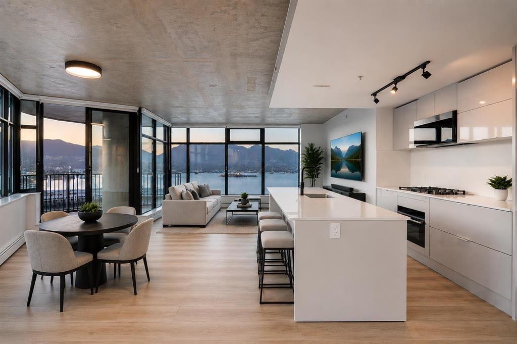 Modern Vancouver condo interior with waterfront view