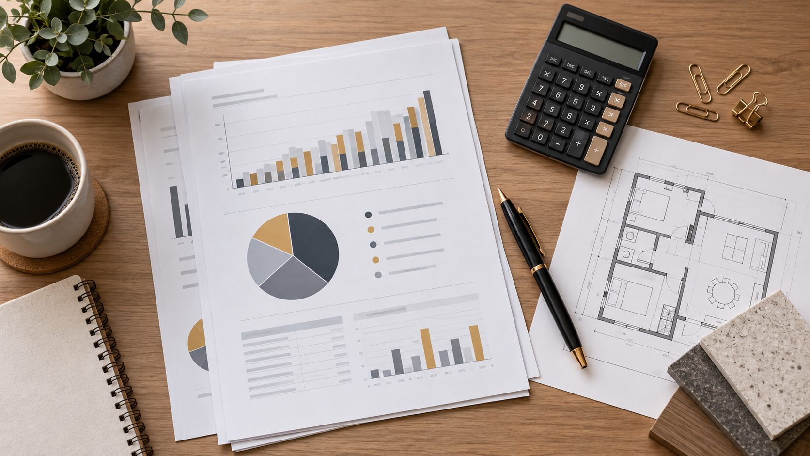 Condo depreciation report, reserve fund charts and floor plan on a desk